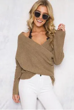 Long Sleeves Drap V-neck Pure Color Regular Sweater