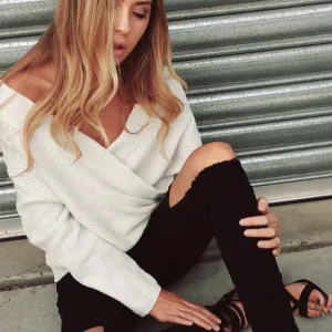Long Sleeves Drap V-neck Pure Color Regular Sweater