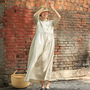 Loose Pan Collar Button Dress Summer Long Women Linen Dresses Z972915