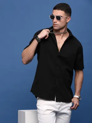 Men Black Solid Slim Fit Casual Cotton Shirt