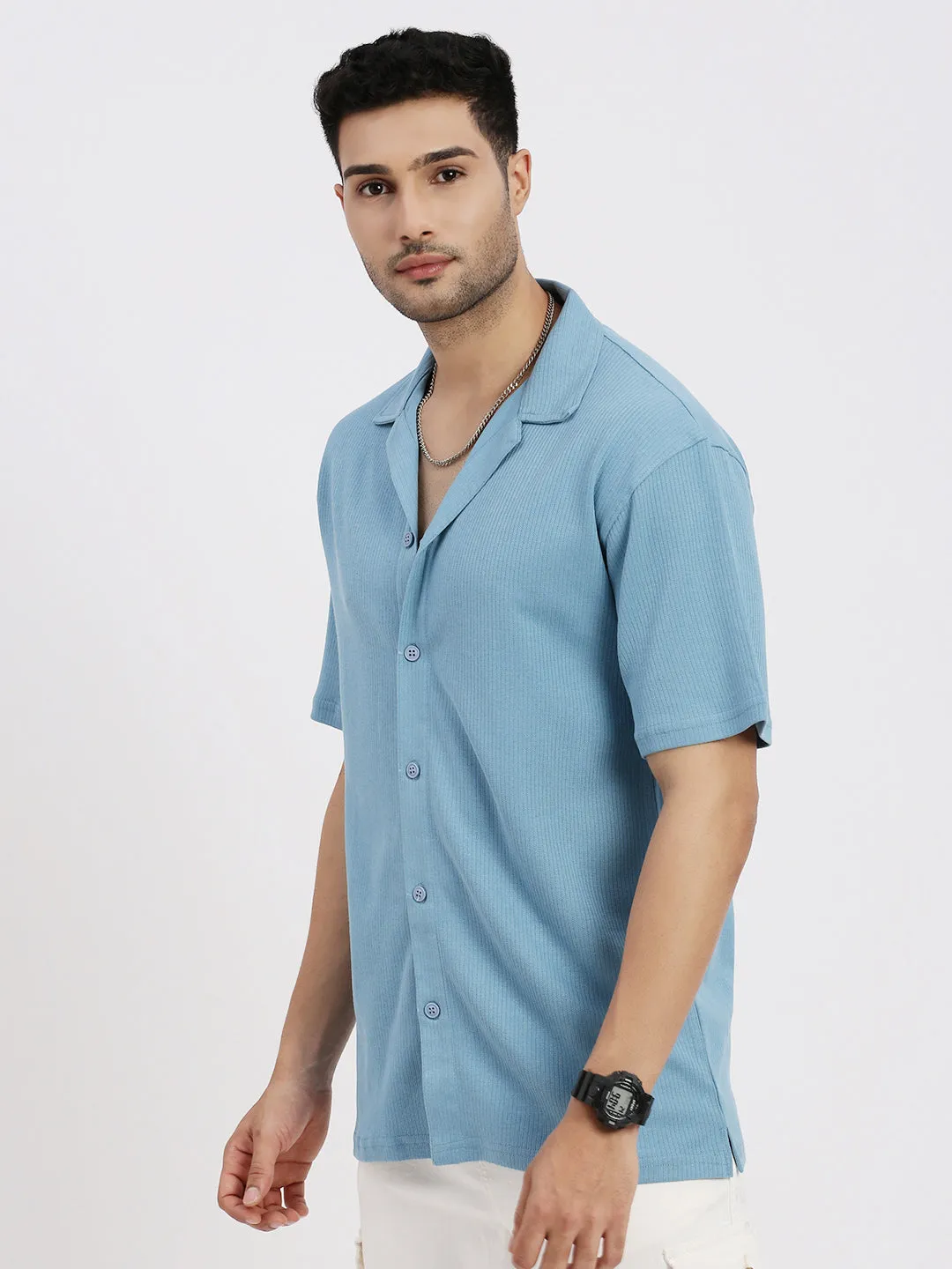 Men Blue Cuban Collar Solid Cotton Shirt