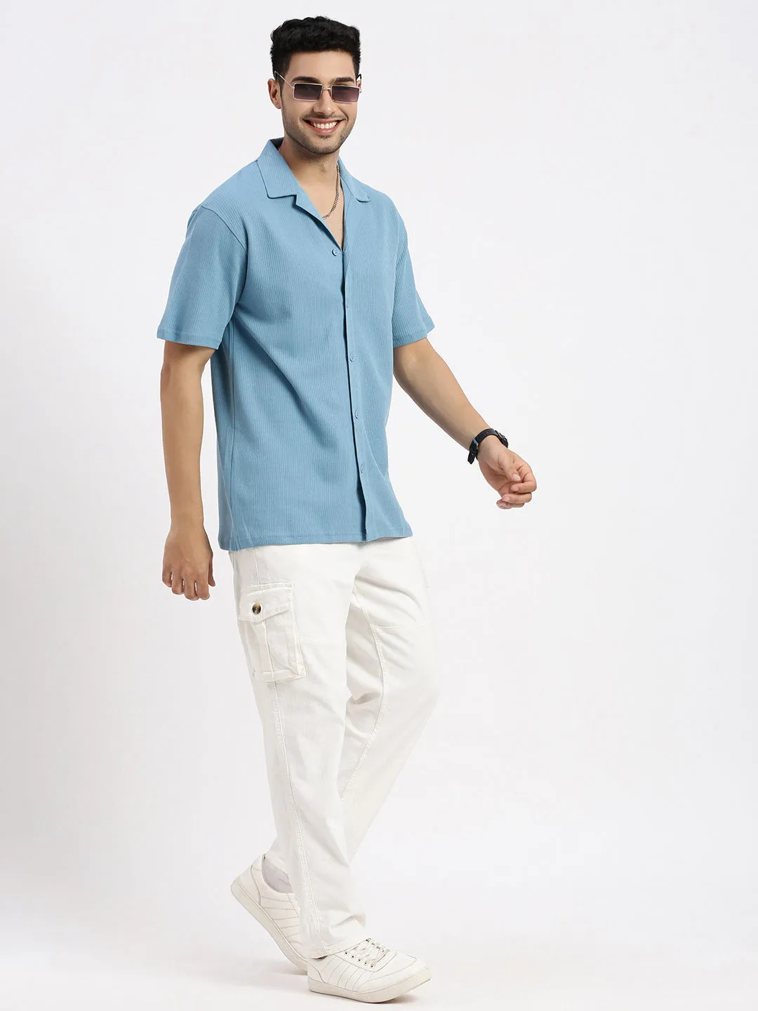 Men Blue Cuban Collar Solid Cotton Shirt