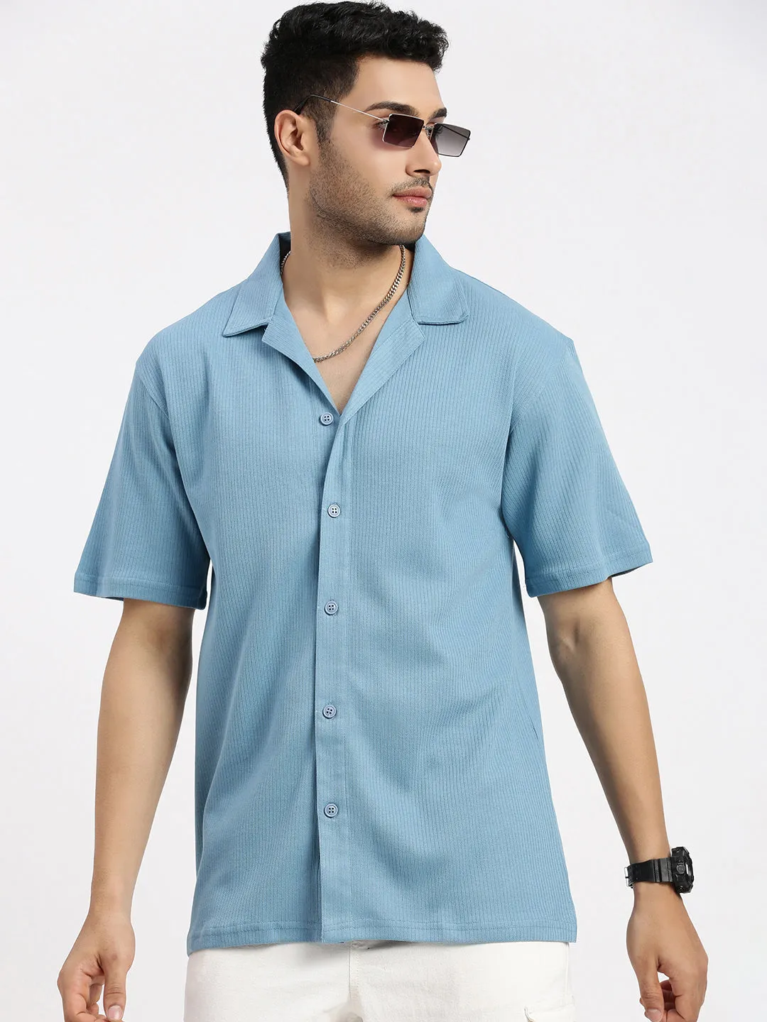 Men Blue Cuban Collar Solid Cotton Shirt