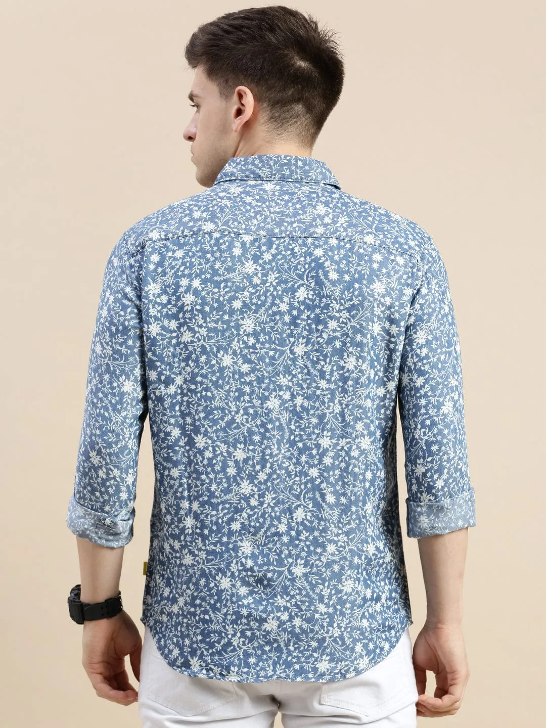 Men Blue Floral Printed Standard Slim Fit Opaque Cotton Casual Shirt