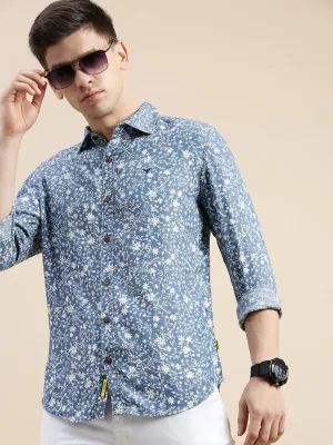 Men Blue Floral Printed Standard Slim Fit Opaque Cotton Casual Shirt