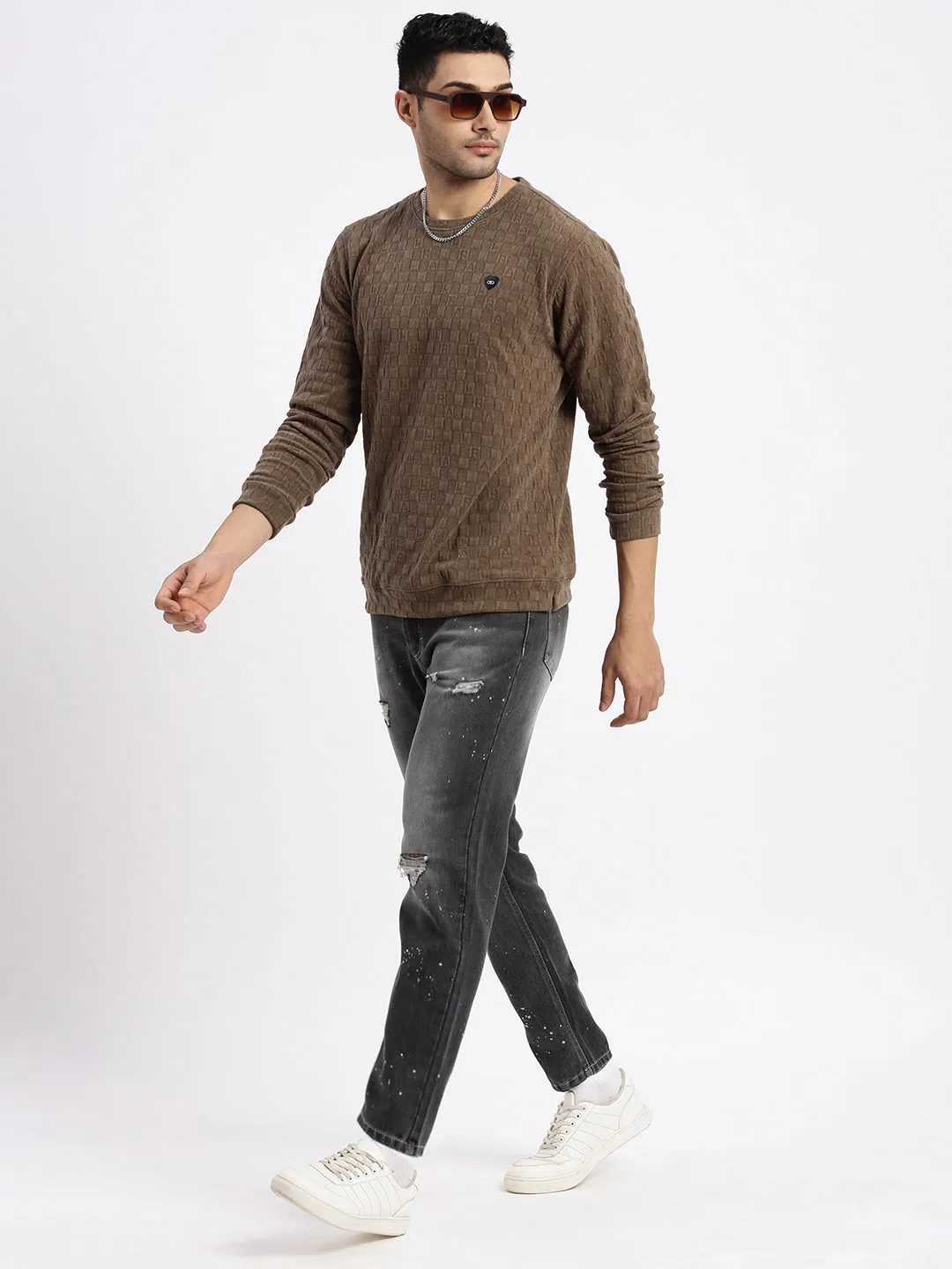 Men Brown Self Design Round Neck Solid Sweatshirt