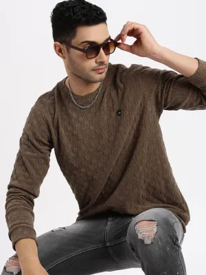 Men Brown Self Design Round Neck Solid Sweatshirt