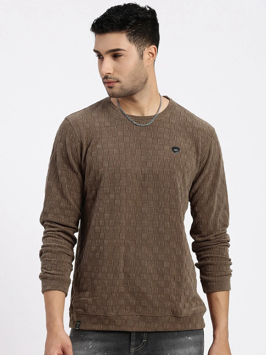 Men Brown Self Design Round Neck Solid Sweatshirt