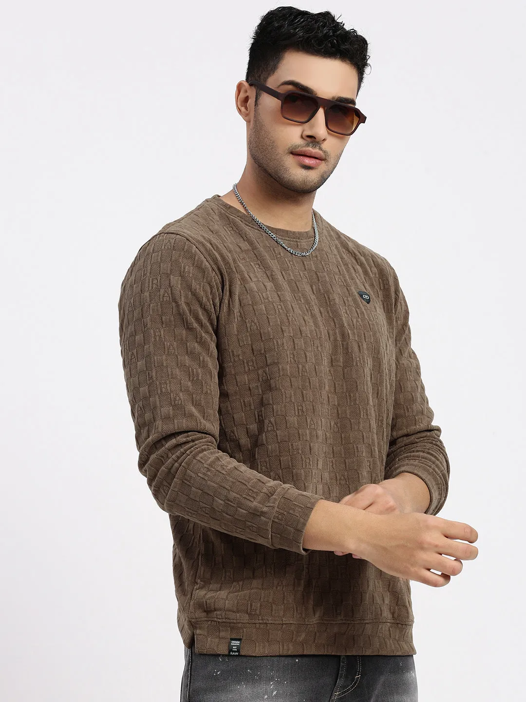 Men Brown Self Design Round Neck Solid Sweatshirt