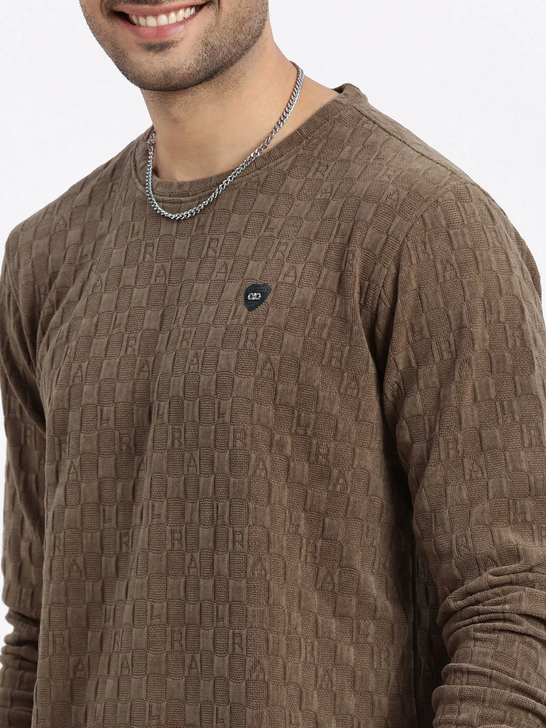 Men Brown Self Design Round Neck Solid Sweatshirt