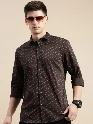 Men Brown Standard Slim Fit Micro Ditsy Printed Cotton Casual Shirt