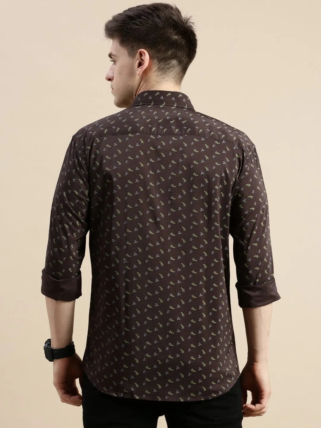 Men Brown Standard Slim Fit Micro Ditsy Printed Cotton Casual Shirt