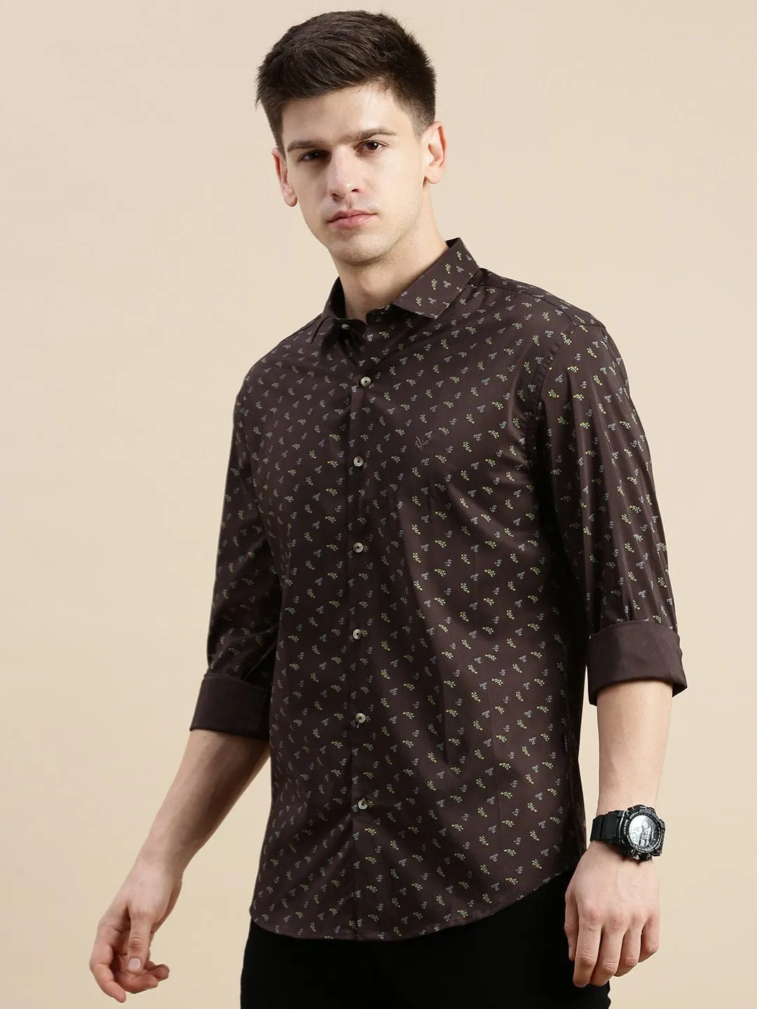 Men Brown Standard Slim Fit Micro Ditsy Printed Cotton Casual Shirt
