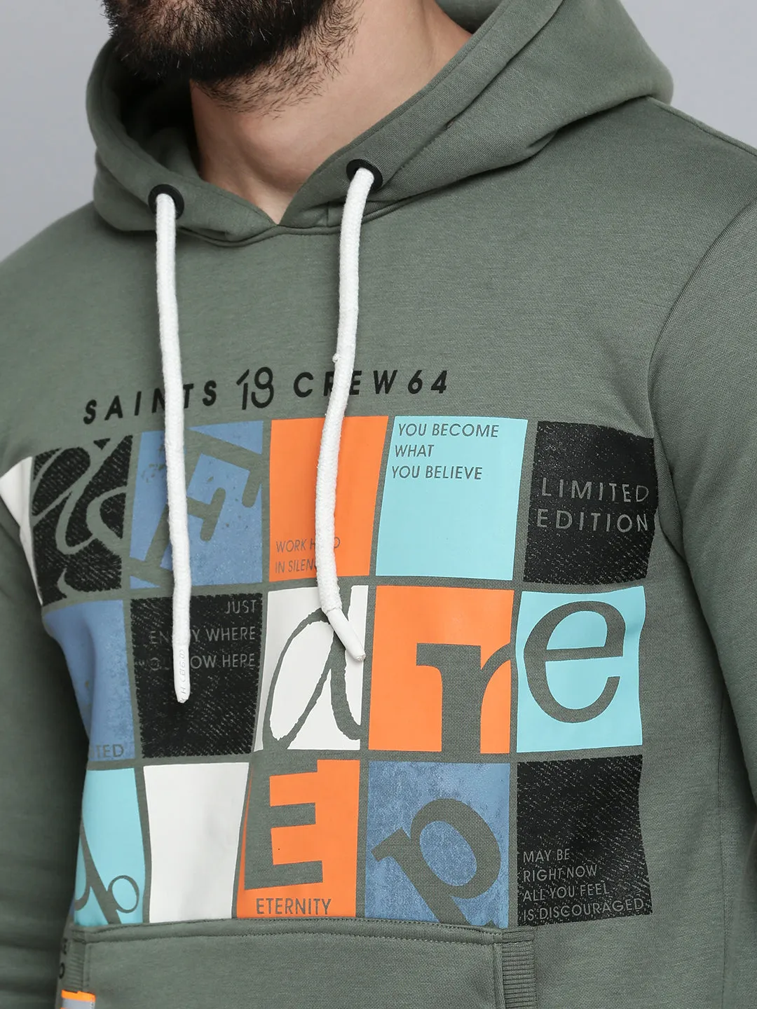 Men Green Printed Hooded Cotton Sweatshirt