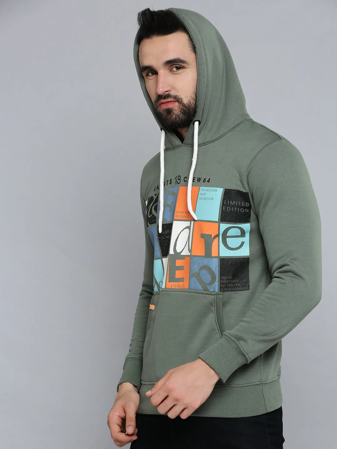 Men Green Printed Hooded Cotton Sweatshirt