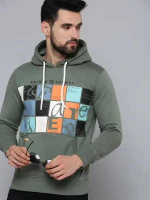Men Green Printed Hooded Cotton Sweatshirt