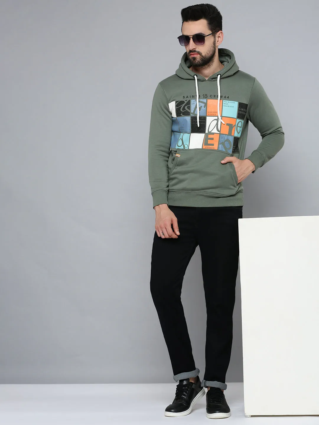 Men Green Printed Hooded Cotton Sweatshirt