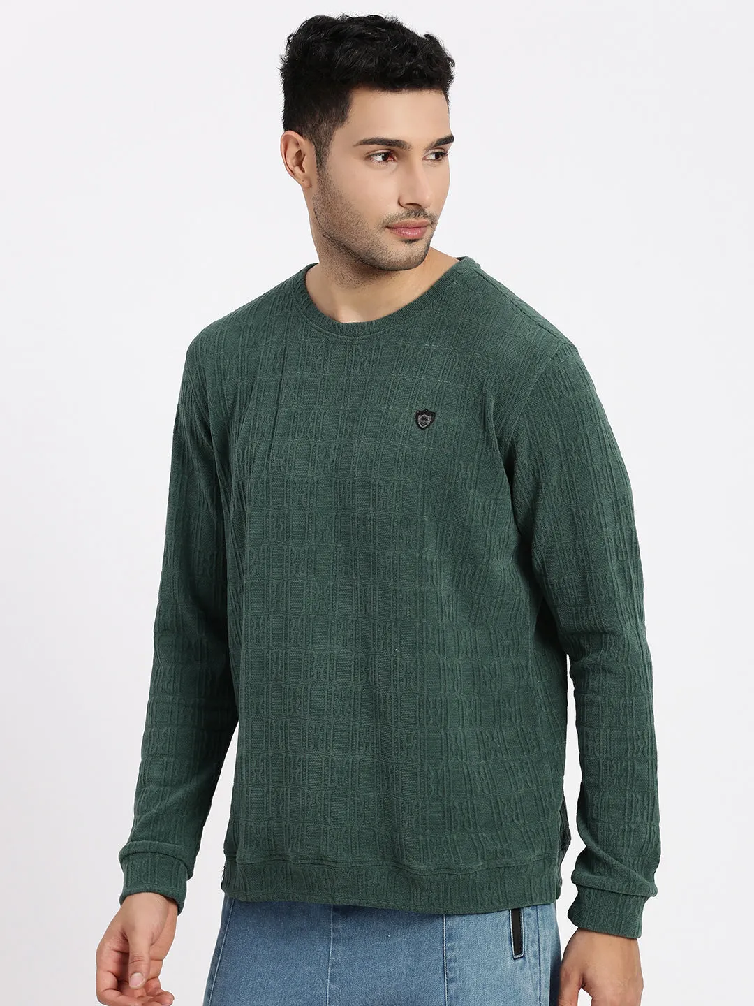 Men Green Self Design Round Neck Sweatshirt