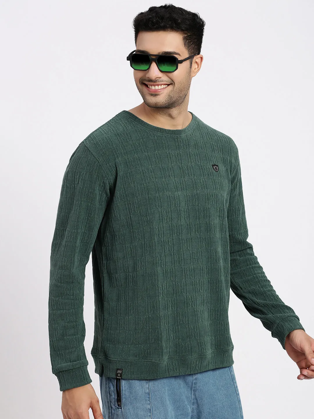 Men Green Self Design Round Neck Sweatshirt