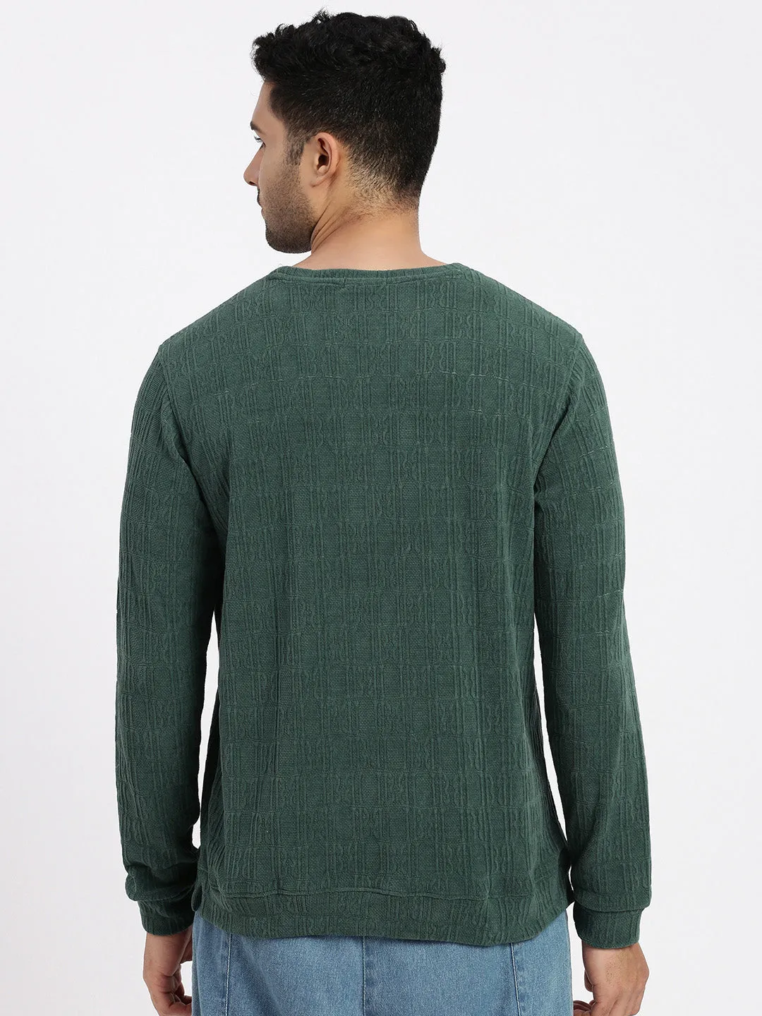 Men Green Self Design Round Neck Sweatshirt