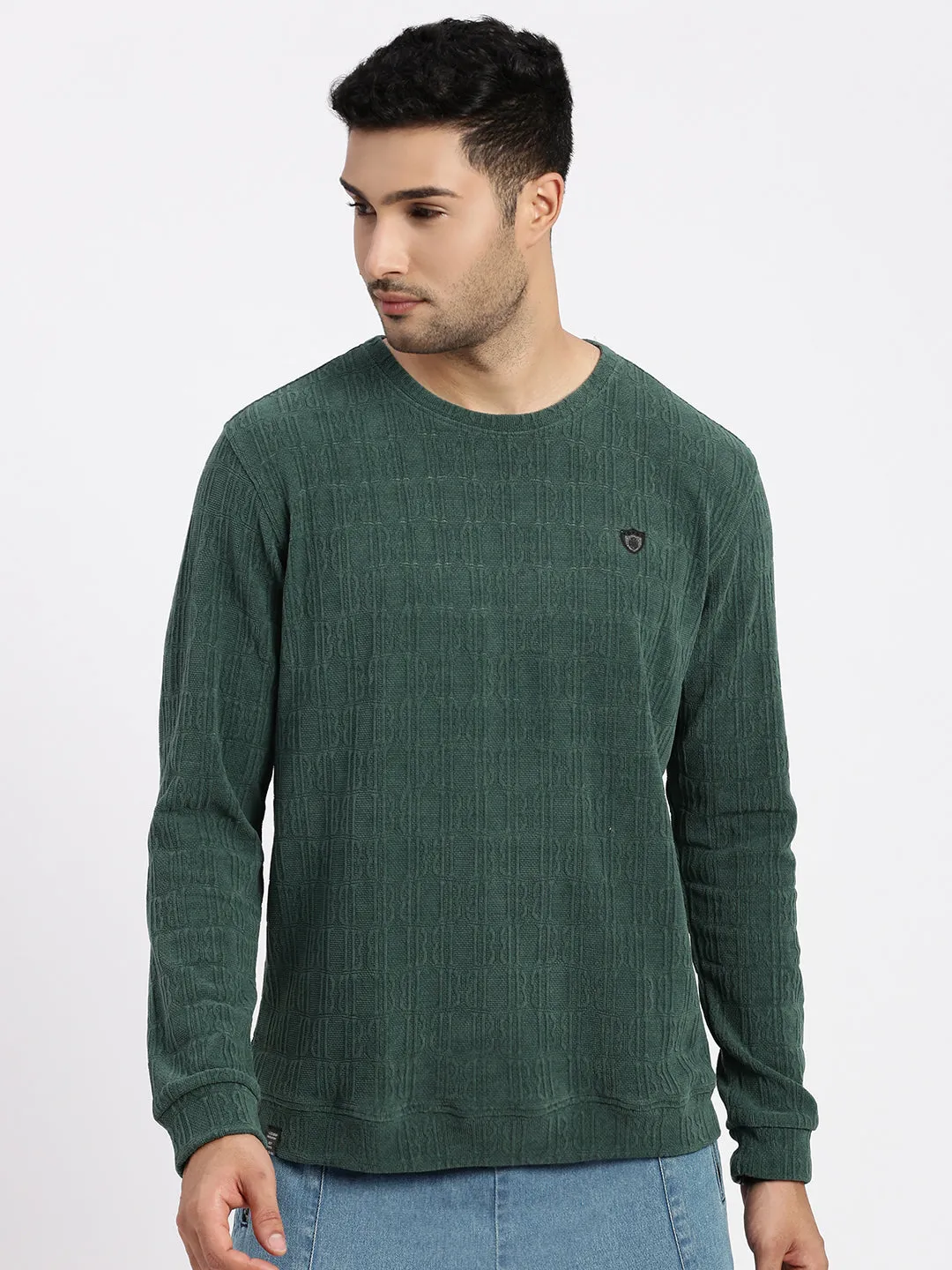 Men Green Self Design Round Neck Sweatshirt