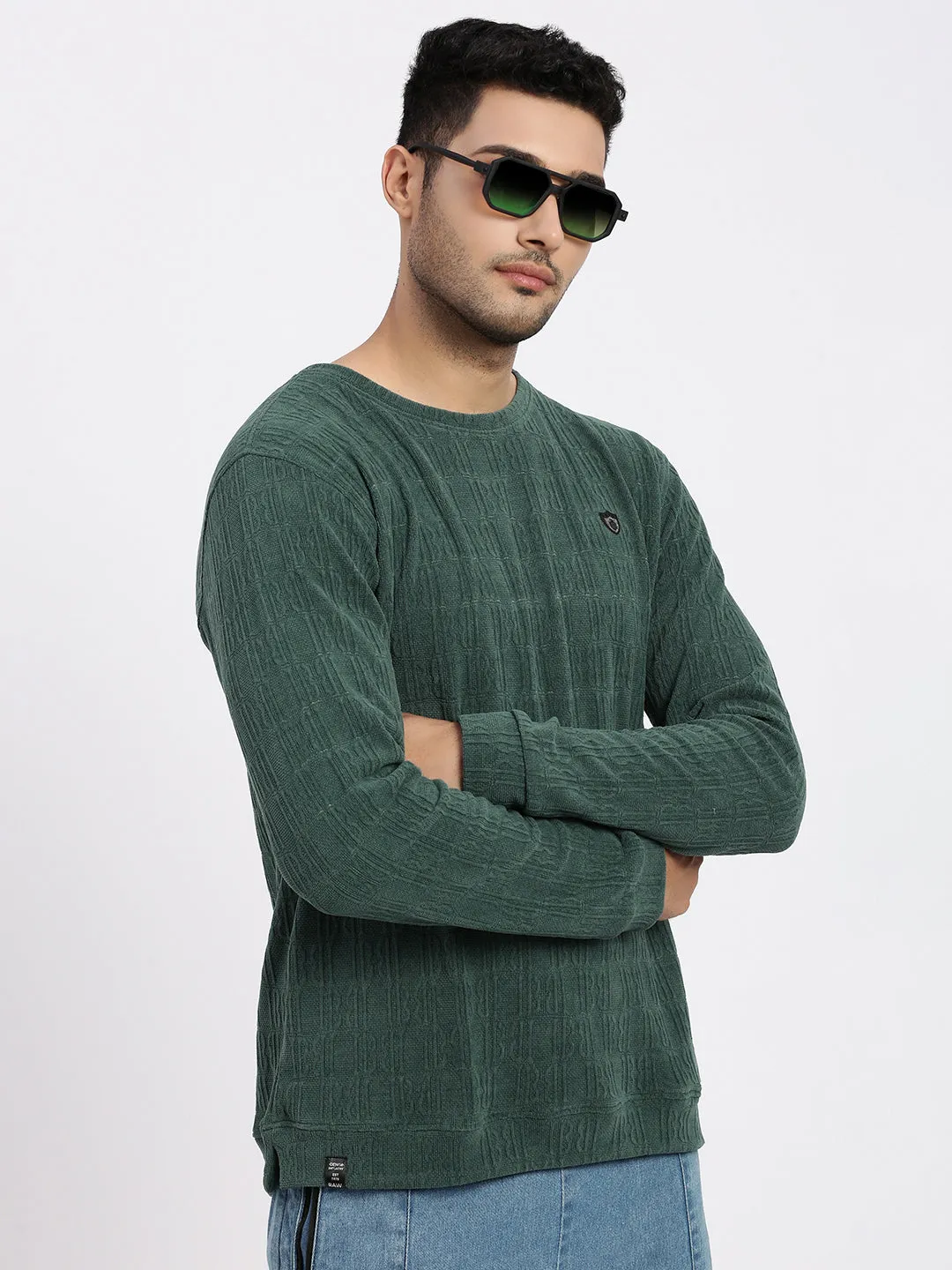 Men Green Self Design Round Neck Sweatshirt