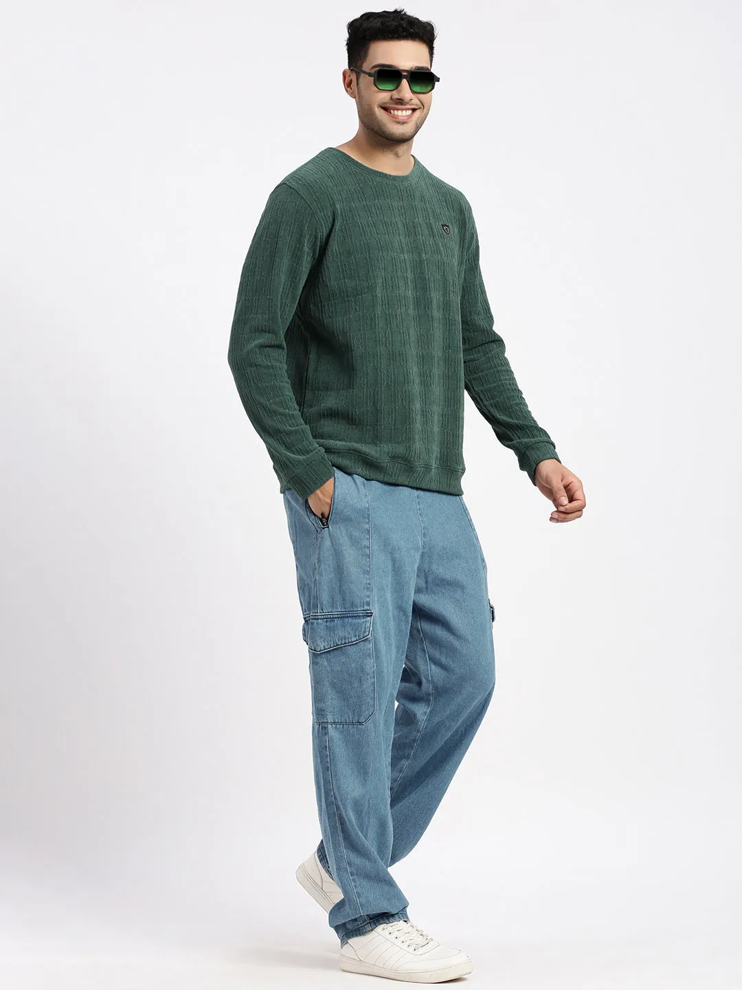 Men Green Self Design Round Neck Sweatshirt