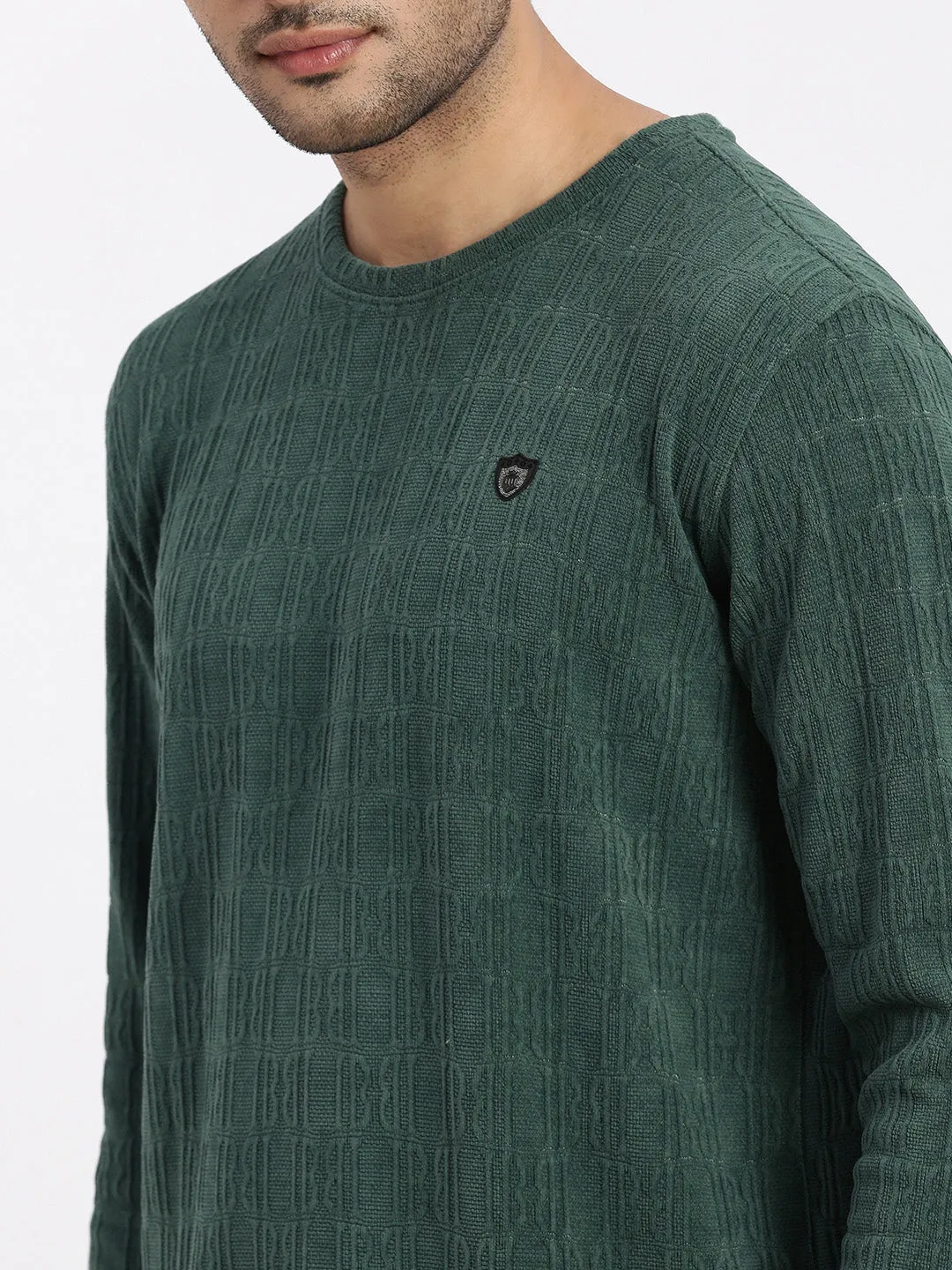 Men Green Self Design Round Neck Sweatshirt
