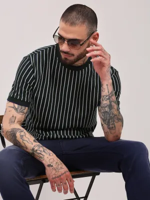Men Green Vertical Striped Round Neck Cotton T-Shirt