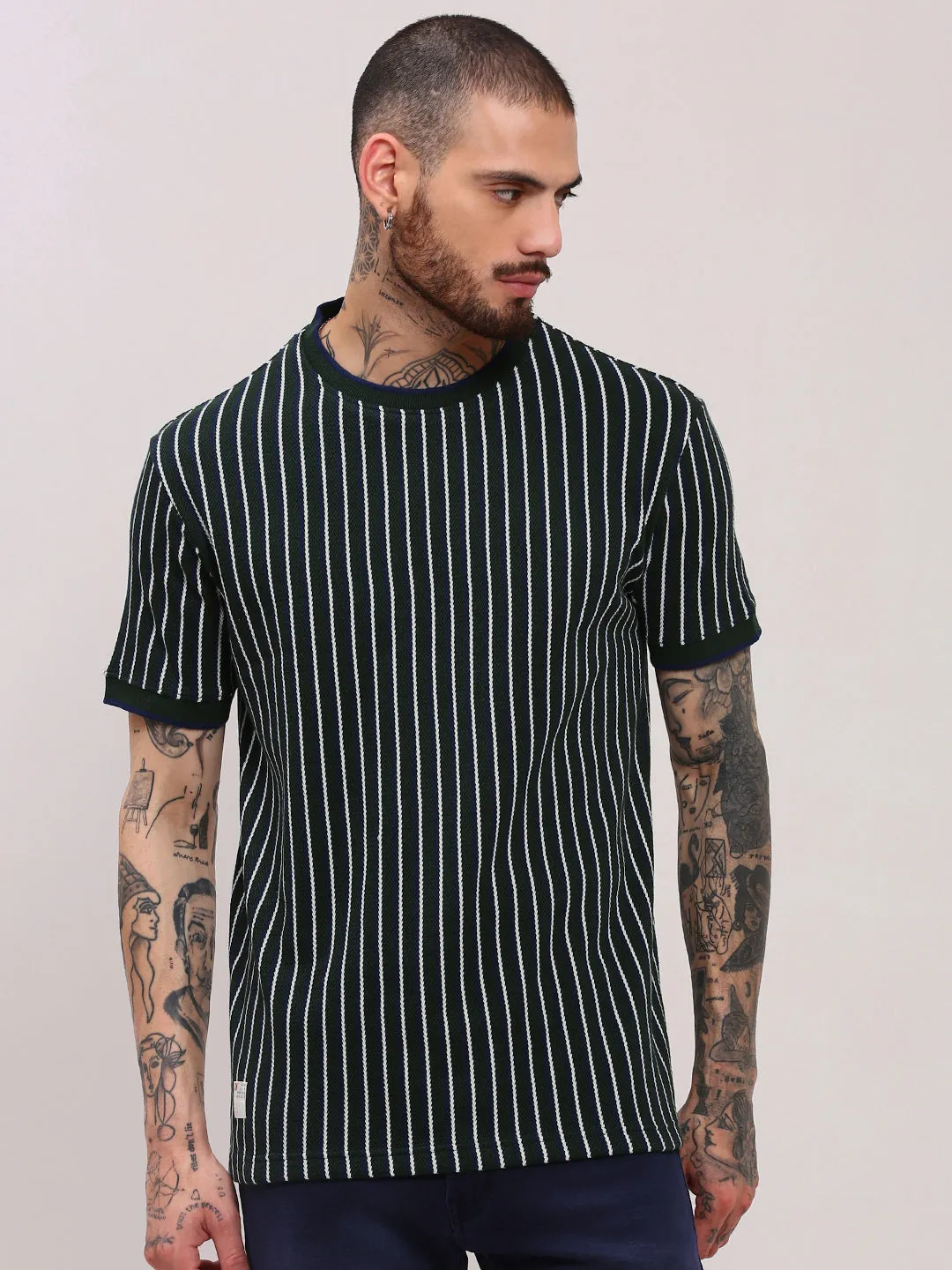 Men Green Vertical Striped Round Neck Cotton T-Shirt