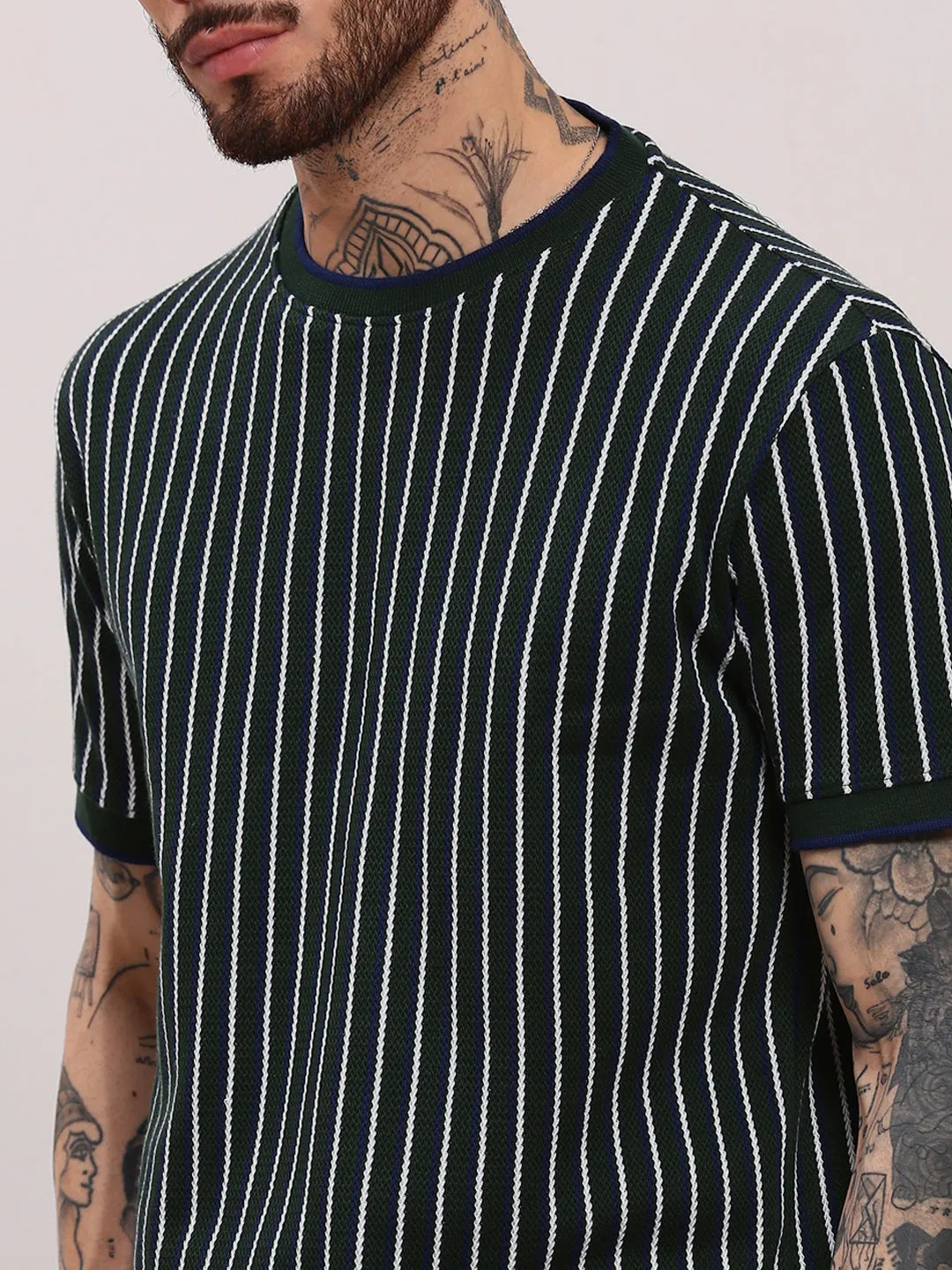 Men Green Vertical Striped Round Neck Cotton T-Shirt