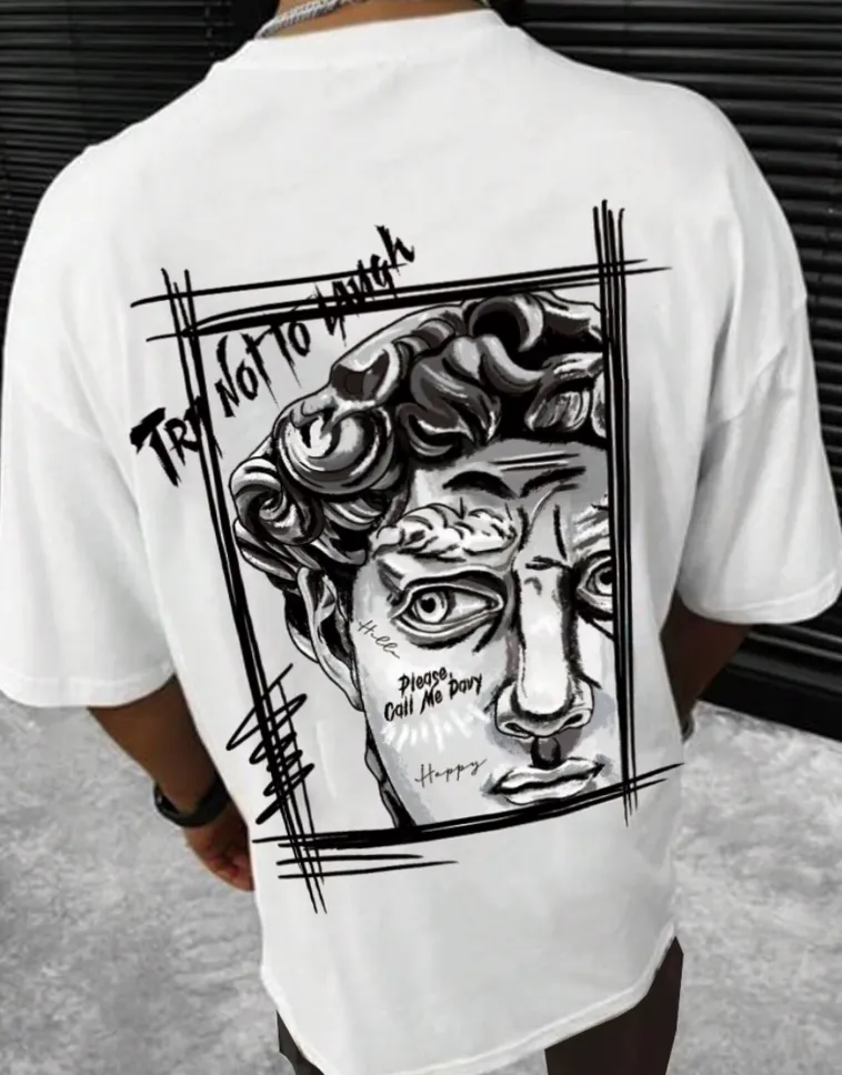 Men’s Creative Sculpture Text Design T-Shirt - Cotton Crewneck, Loose Fashion Top for Autumn