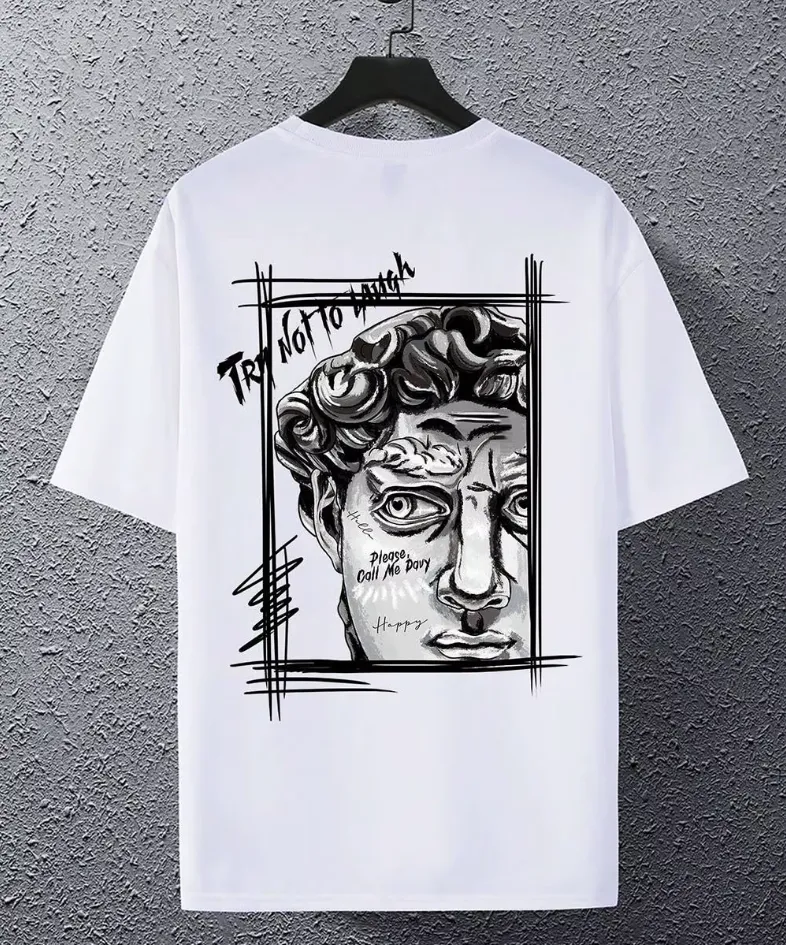 Men’s Creative Sculpture Text Design T-Shirt - Cotton Crewneck, Loose Fashion Top for Autumn