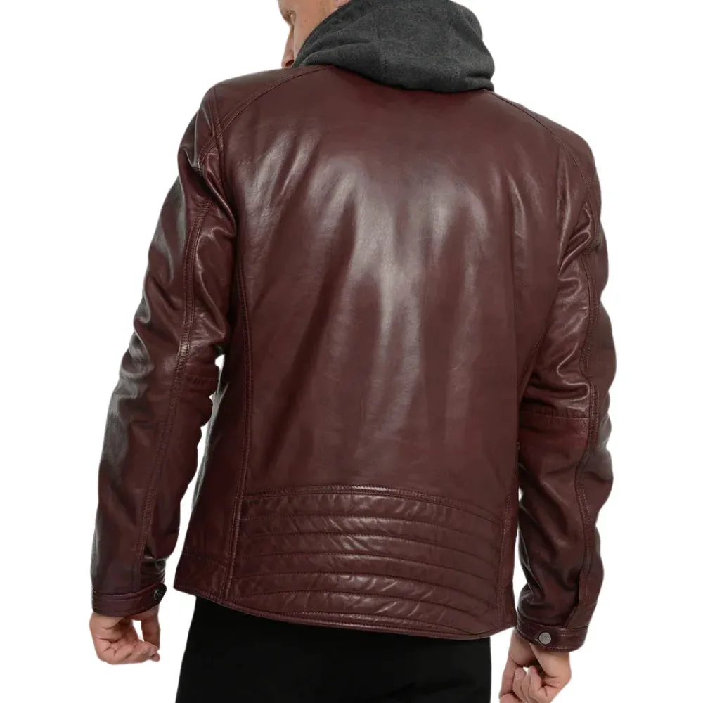 Men's Maroon Bomber Hooded Leather Jacket