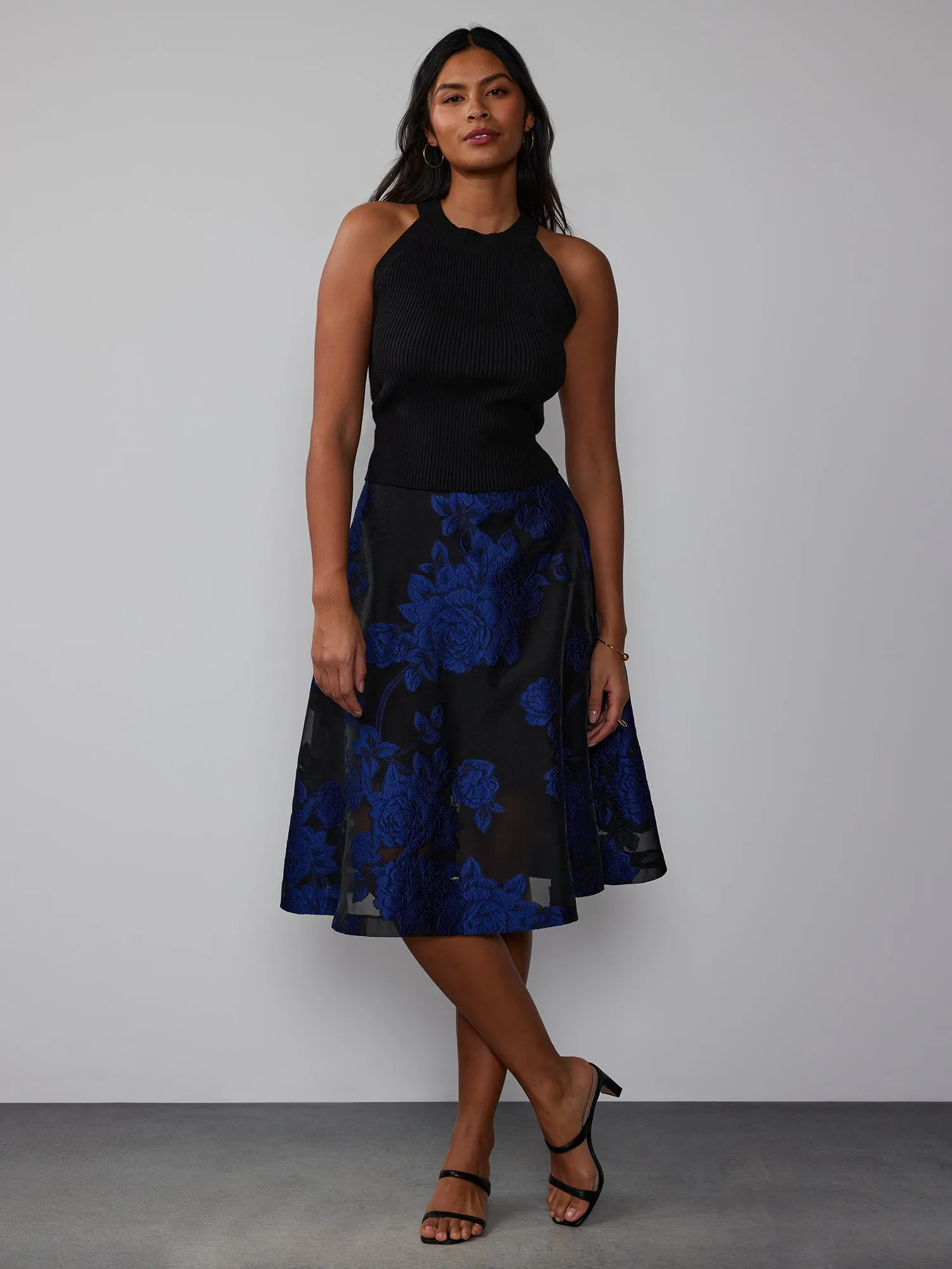 Navy Black Brocade Floral Midi Skirt