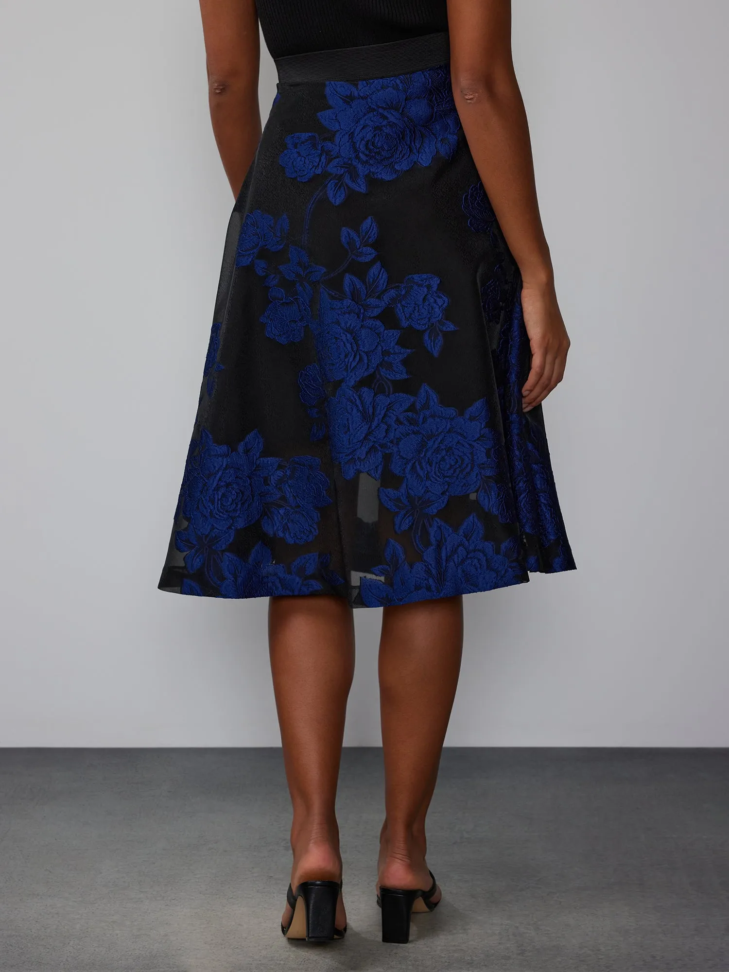 Navy Black Brocade Floral Midi Skirt