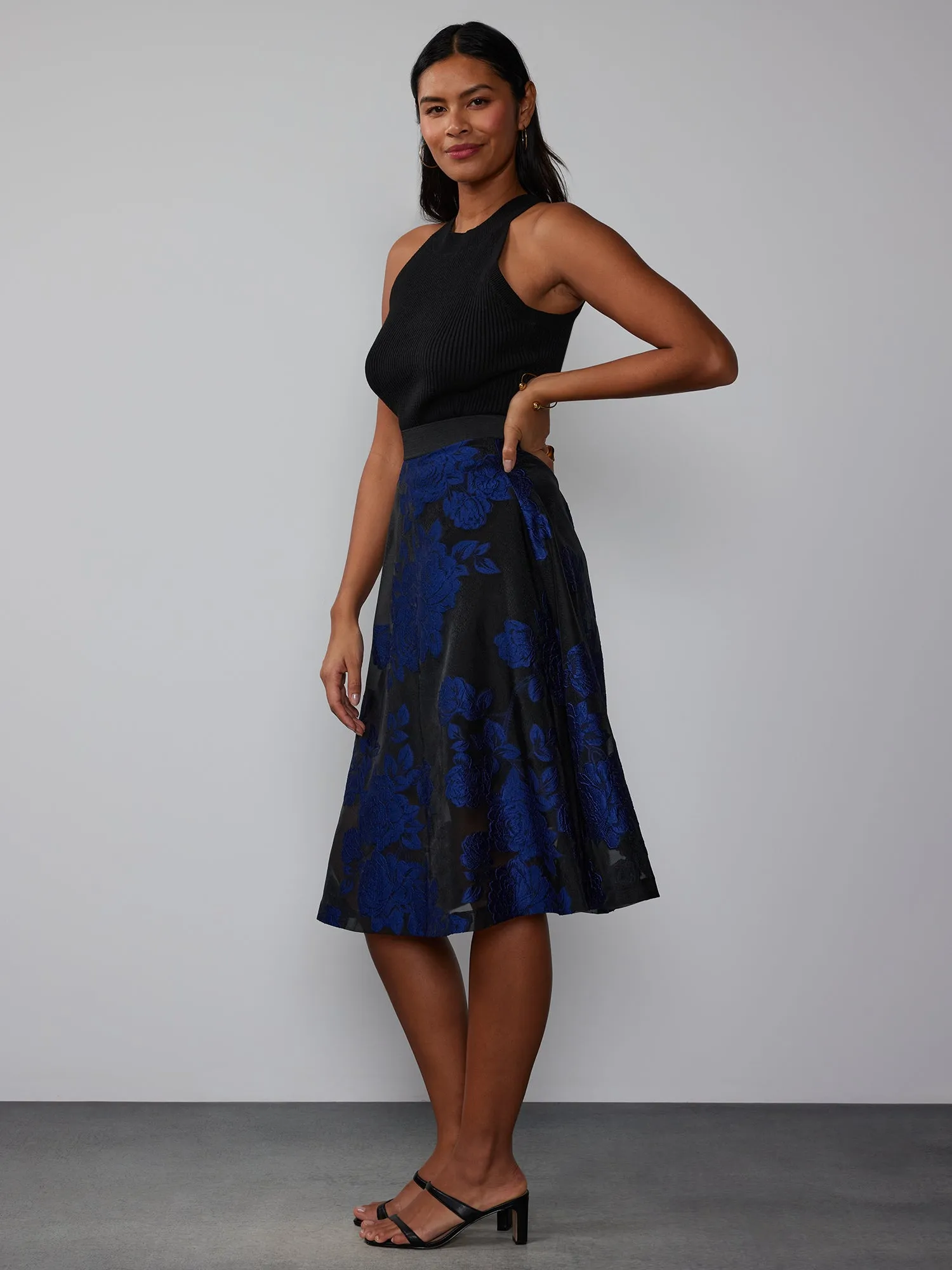 Navy Black Brocade Floral Midi Skirt