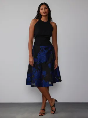 Navy Black Brocade Floral Midi Skirt