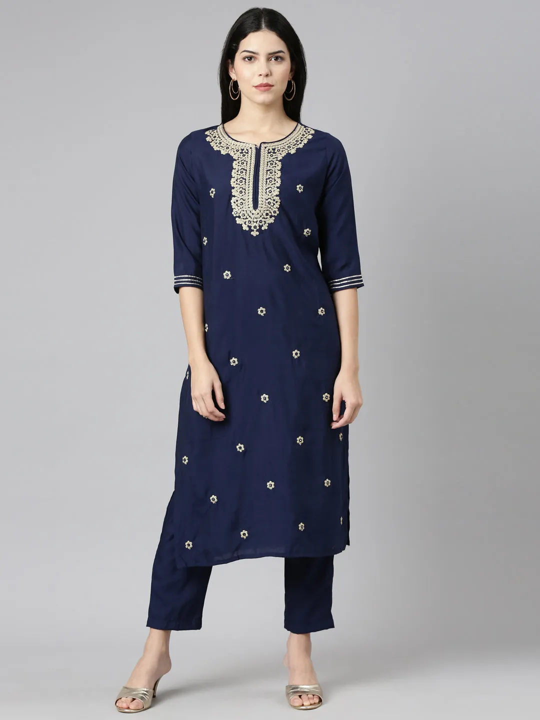 Neeru's Navy Blue Regular Straight Embroidered Kurta And Trousers