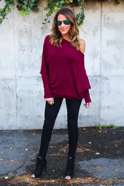 One Shoulder Long Batwing Sleeves Pure Color Loose Sweater