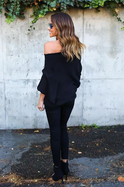 One Shoulder Long Batwing Sleeves Pure Color Loose Sweater