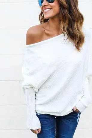 One Shoulder Long Batwing Sleeves Pure Color Loose Sweater