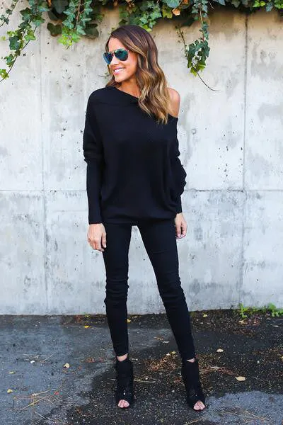 One Shoulder Long Batwing Sleeves Pure Color Loose Sweater