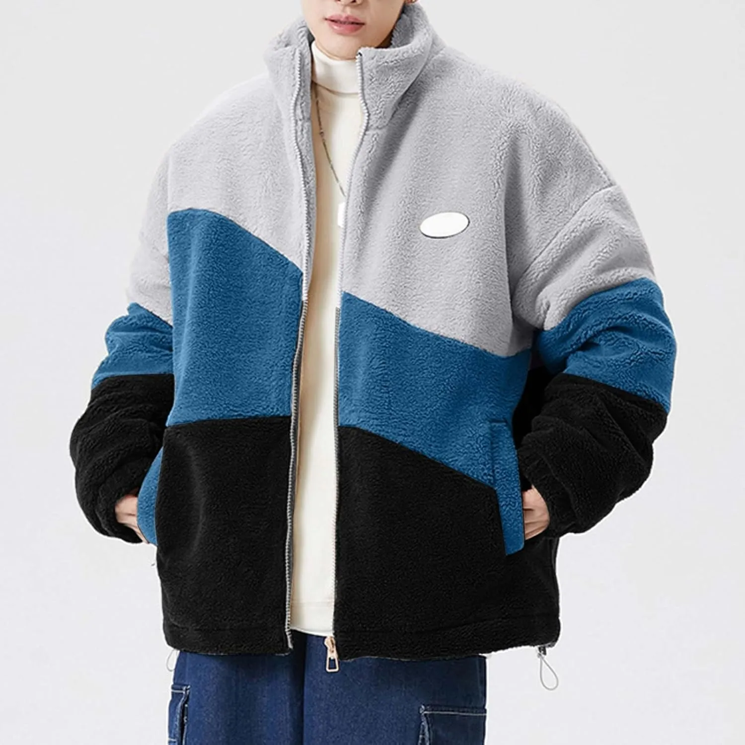 peqiut Winter Jacket For Men Cotton Padded Zipper Warm Fall Winter Hoodless Coats Patchwork Color Jacket Comfort