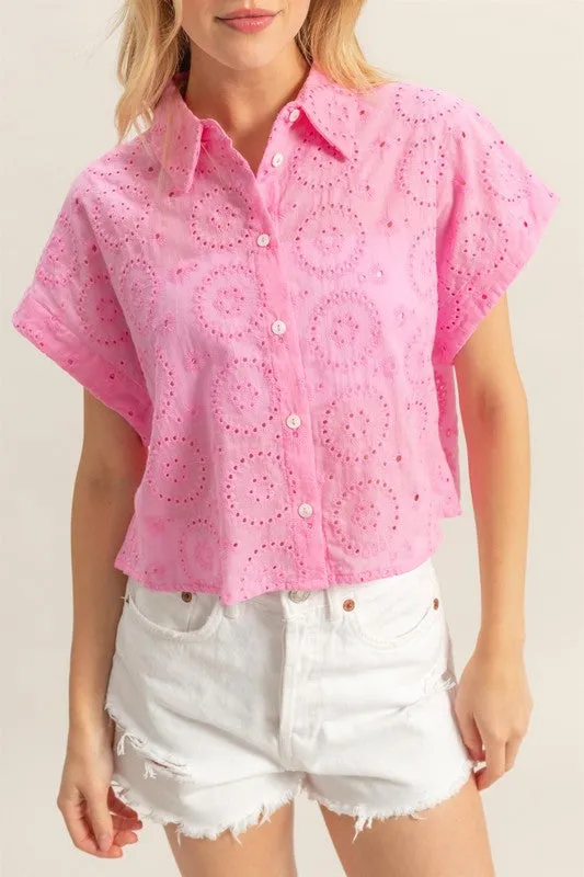 Pink Eyelet Button Down Short Sleeve Cropped Shirt – Casual Summer Top