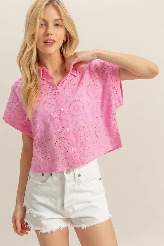Pink Eyelet Button Down Short Sleeve Cropped Shirt – Casual Summer Top