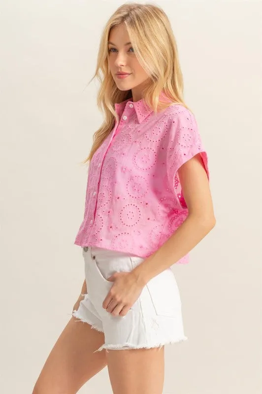 Pink Eyelet Button Down Short Sleeve Cropped Shirt – Casual Summer Top