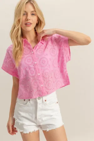 Pink Eyelet Button Down Short Sleeve Cropped Shirt – Casual Summer Top