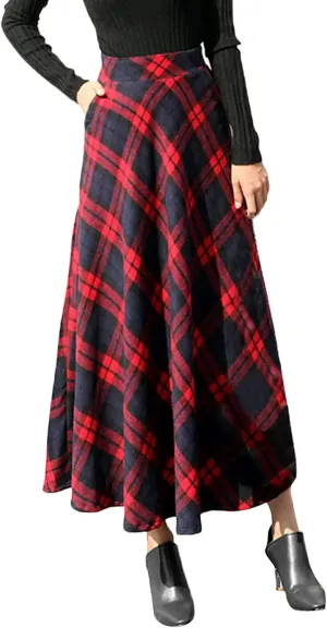 Pleated Skirts for Women Winter Warm Woolen Plaid Skirt High Waist Classic A-Line Skirts Solid Color Swing Skirt