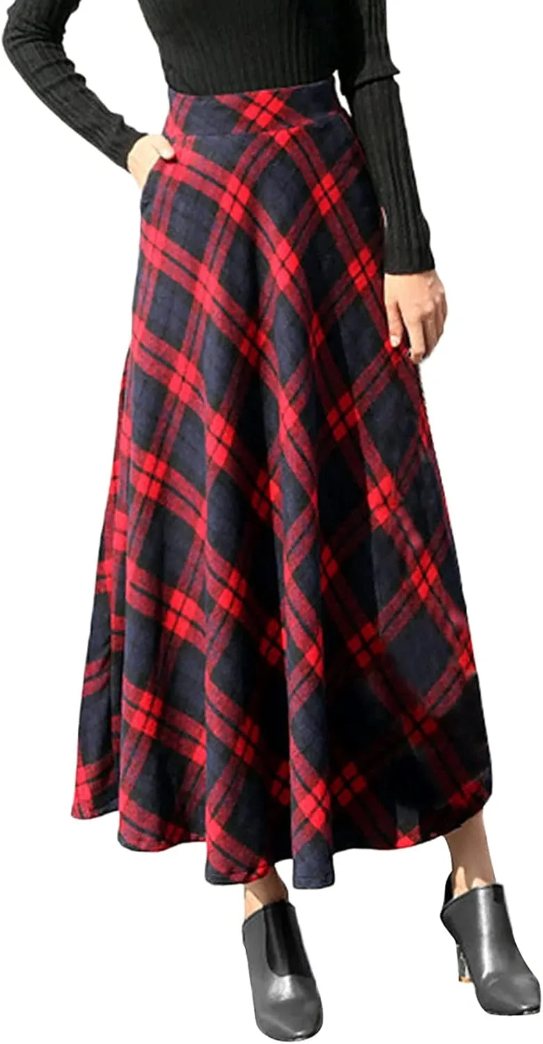 Pleated Skirts for Women Winter Warm Woolen Plaid Skirt High Waist Classic A-Line Skirts Solid Color Swing Skirt